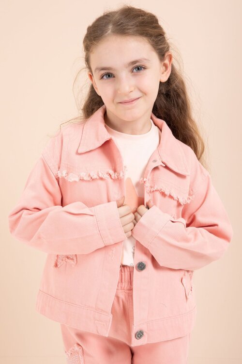 Somon Taşlı Yıldız Nakışlı Jean Ceketli 3lü Pantolonlu Kız Takım 23437