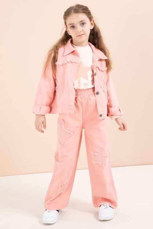 Somon Taşlı Yıldız Nakışlı Jean Ceketli 3lü Pantolonlu Kız Takım 23437