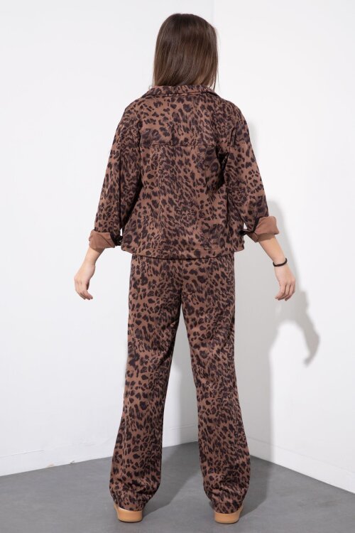 Taba Leopar Desenli Ceketli ve Pantolonlu Kız Çocuk Badili 3lü Takım  23550