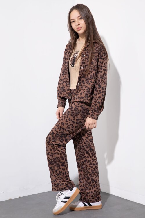 Taba Leopar Desenli Ceketli ve Pantolonlu Kız Çocuk Badili 3lü Takım  23550