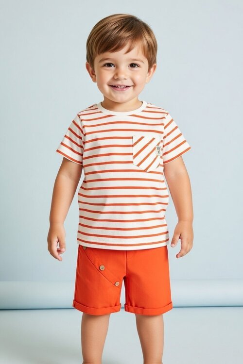 Turuncu Çizgili Tişörtlü Jean Şortlu Erkek Bebek Takımı 18522