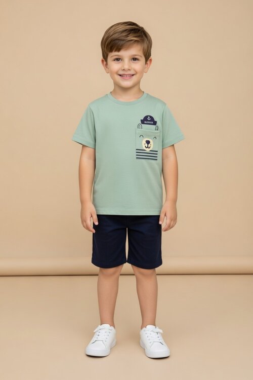 Yeşil Ayıcık Baskılı Cepli Erkek Bebek Tişört 20935