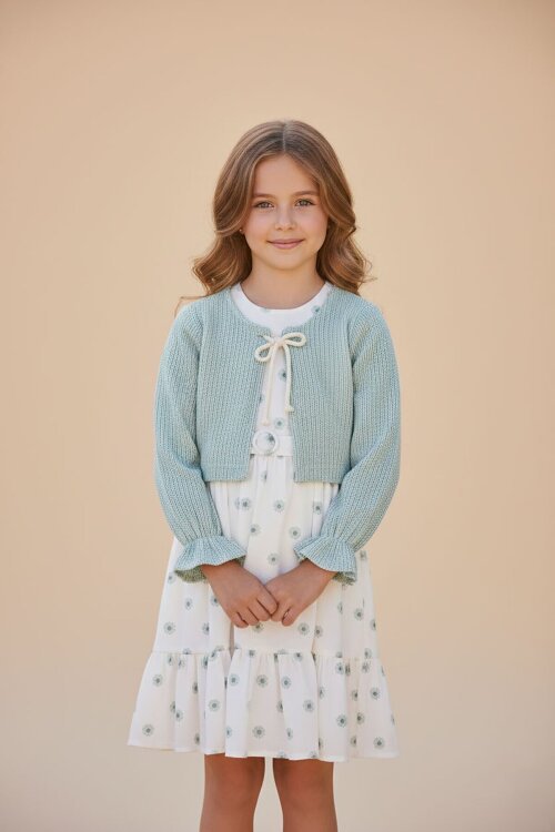 Yeşil Bolerolu Çiçek Desenli Kuşaklı Kız Çocuk Elbise Takımı  23505