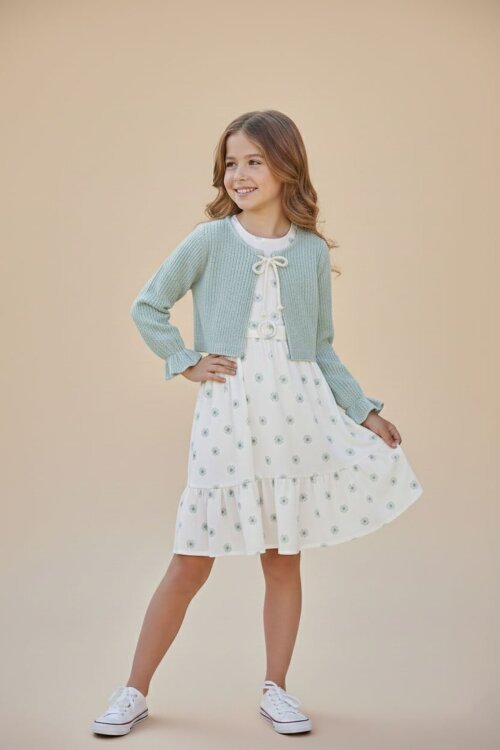 Yeşil Bolerolu Çiçek Desenli Kuşaklı Kız Çocuk Elbise Takımı  23505