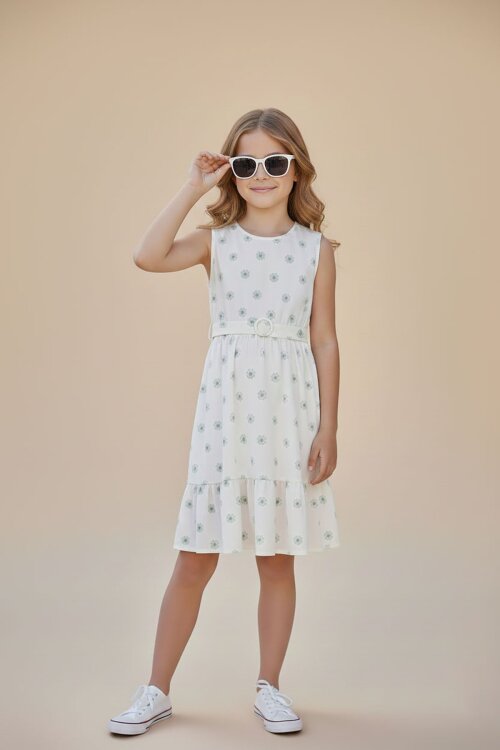 Yeşil Bolerolu Çiçek Desenli Kuşaklı Kız Çocuk Elbise Takımı  23505