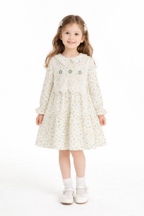 Yeşil Çiçek Desenli Nakışlı Süveterli Kız Çocuk Müslin Elbise  23577