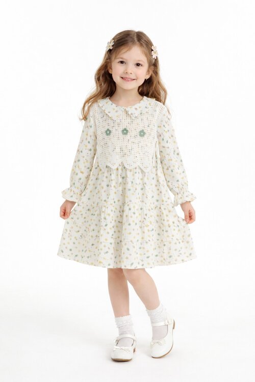 Yeşil Çiçek Desenli Nakışlı Süveterli Kız Çocuk Müslin Elbise  23577