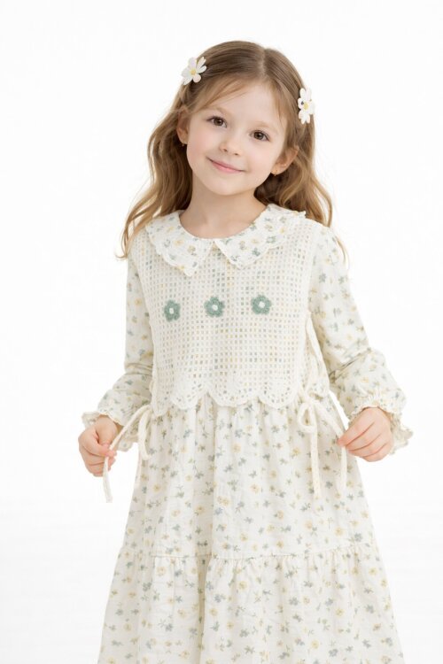 Yeşil Çiçek Desenli Nakışlı Süveterli Kız Çocuk Müslin Elbise  23577
