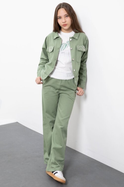 Yeşil İnci Detaylı Jean Ceketli Kız Çocuk 3lü Pantolonlu Takım  23482