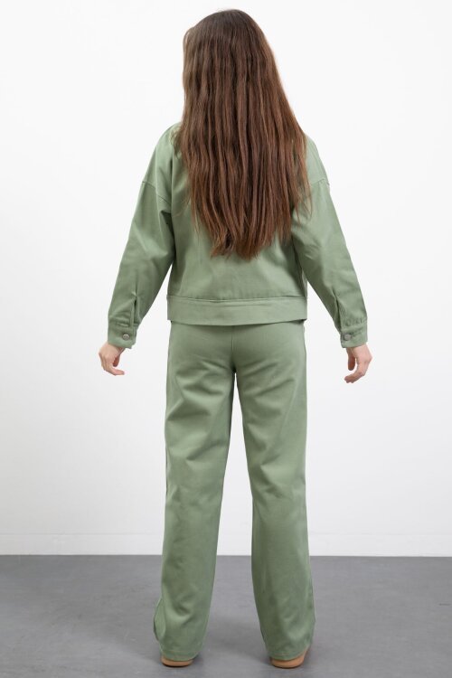 Yeşil İnci Detaylı Jean Ceketli Kız Çocuk 3lü Pantolonlu Takım  23482