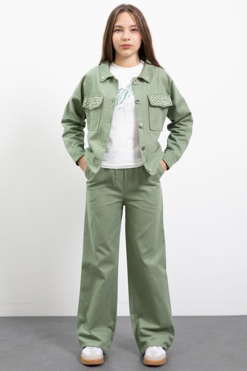 Yeşil İnci Detaylı Jean Ceketli Kız Çocuk 3lü Pantolonlu Takım  23482