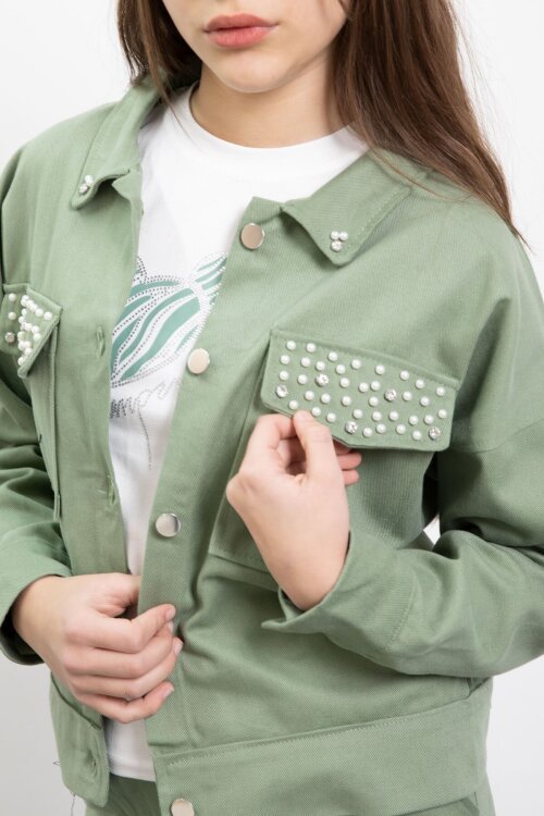 Yeşil İnci Detaylı Jean Ceketli Kız Çocuk 3lü Pantolonlu Takım  23482