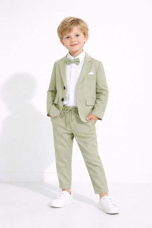 Yeşil Keten Ceket ve Pantolonlu Erkek Çocuk Papyonlu 4lü Takım Elbise  23522
