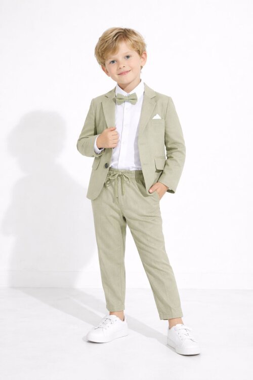 Yeşil Keten Ceket ve Pantolonlu Erkek Çocuk Papyonlu 4lü Takım Elbise  23522