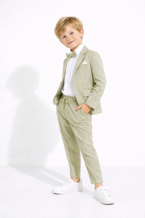 Yeşil Keten Ceket ve Pantolonlu Erkek Çocuk Papyonlu 4lü Takım Elbise  23522