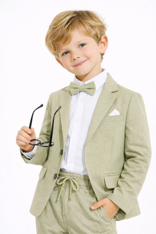 Yeşil Keten Ceket ve Pantolonlu Erkek Çocuk Papyonlu 4lü Takım Elbise  23522