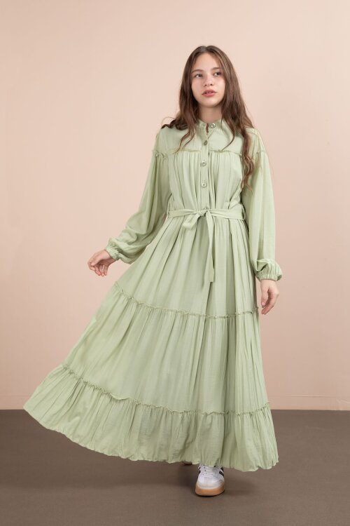 Yeşil Kolları Büzgülü Kuşaklı Kız Çocuk Uzun Elbise  23400