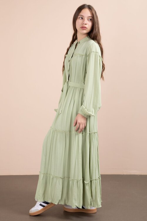 Yeşil Kolları Büzgülü Kuşaklı Kız Çocuk Uzun Elbise  23400