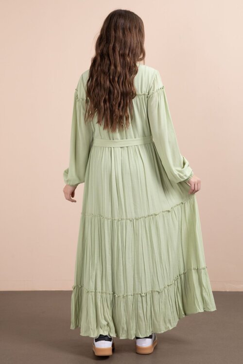 Yeşil Kolları Büzgülü Kuşaklı Kız Çocuk Uzun Elbise  23400