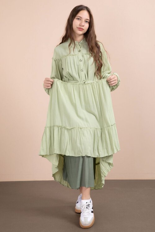 Yeşil Kolları Büzgülü Kuşaklı Kız Çocuk Uzun Elbise  23400