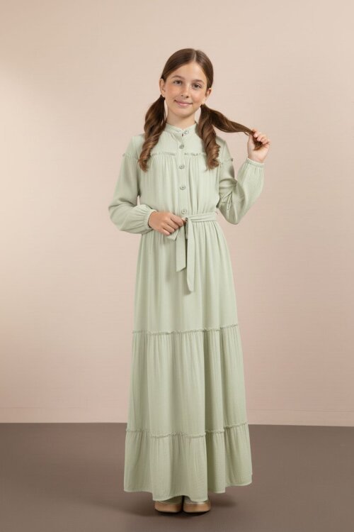 Yeşil Kolları Büzgülü Kuşaklı Kız Çocuk Uzun Elbise  23400