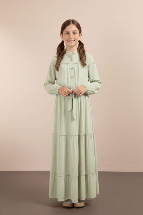 Yeşil Kolları Büzgülü Kuşaklı Kız Çocuk Uzun Elbise  23400