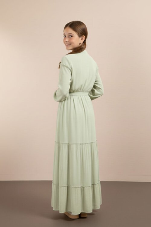 Yeşil Kolları Büzgülü Kuşaklı Kız Çocuk Uzun Elbise  23400