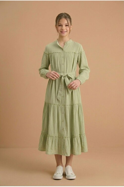 Yeşil Kolları Büzgülü Kuşaklı Kız Çocuk Uzun Elbise  23400