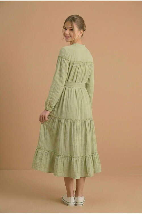 Yeşil Kolları Büzgülü Kuşaklı Kız Çocuk Uzun Elbise  23400