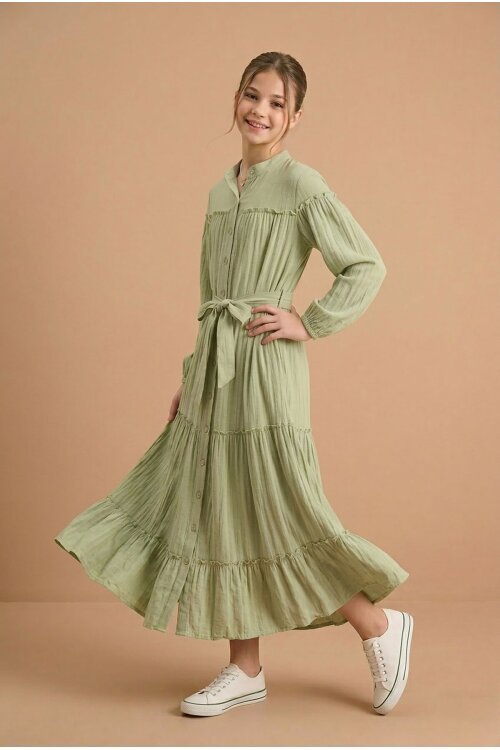 Yeşil Kolları Büzgülü Kuşaklı Kız Çocuk Uzun Elbise  23400