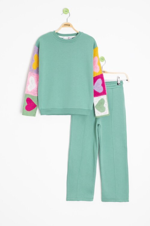 Yeşil Nakışlı Kolları Dantel Şardonlu Kız Çocuk Eşofman Takımı 23355