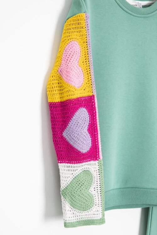 Yeşil Nakışlı Kolları Dantel Şardonlu Kız Çocuk Eşofman Takımı 23355