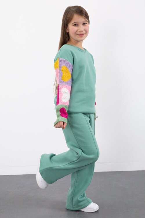 Yeşil Nakışlı Kolları Dantel Şardonlu Kız Çocuk Eşofman Takımı 23355