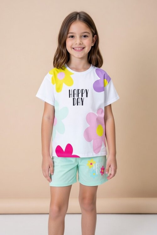 Yeşil Renkli Çiçek Baskılı Tişörtlü ve Şortlu Kız Çocuk 2li Takım 21062