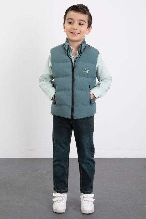 Yeşil Şişme Yelekli Gömlekli Erkek Çocuk 3lü Pantolonlu Takım 23471