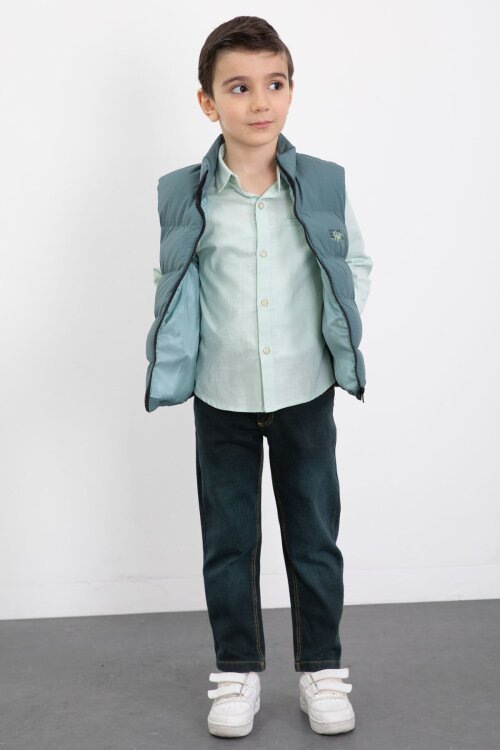 Yeşil Şişme Yelekli Gömlekli Erkek Çocuk 3lü Pantolonlu Takım 23471