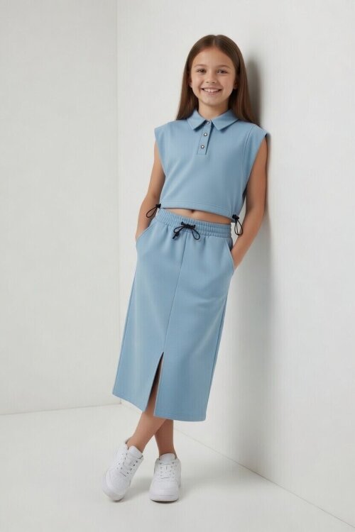 Açık Mavi Sıfır Kol Crop ve Yırtmaç Detaylı Etekli Kız Çocuk Alt Üst Takım 24007