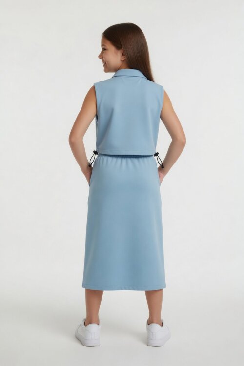 Açık Mavi Sıfır Kol Crop ve Yırtmaç Detaylı Etekli Kız Çocuk Alt Üst Takım 24007