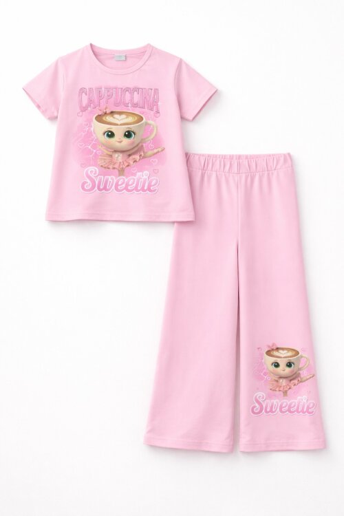 Açık Pembe Ballerin Baskılı Geniş Paça Taytlı Kız Çocuk 2li Takım  23800