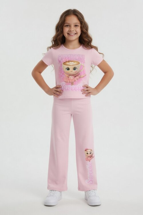 Açık Pembe Ballerin Baskılı Geniş Paça Taytlı Kız Çocuk 2li Takım  23800