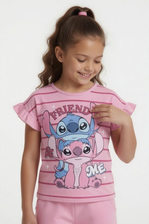 Açık Pembe Çizgili Karakter Baskılı Fırfırlı Kız Çocuk Şortlu 2li Takım  23958