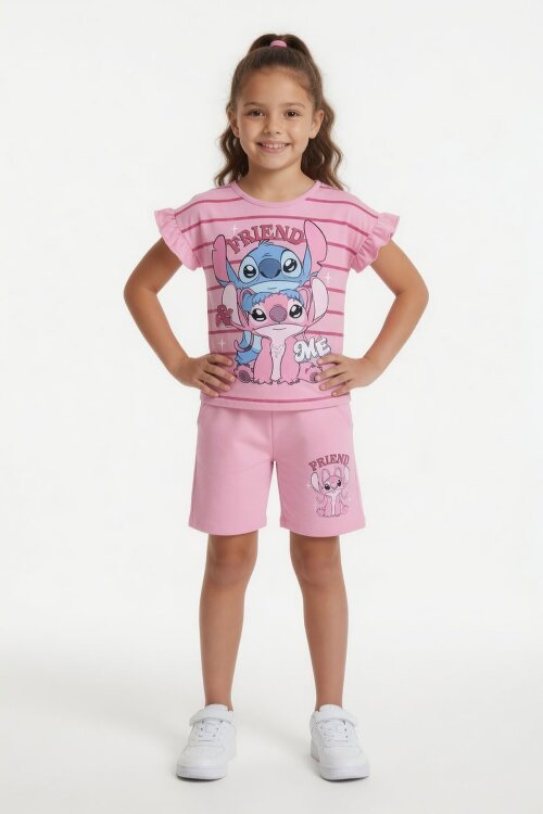 Açık Pembe Çizgili Karakter Baskılı Fırfırlı Kız Çocuk Şortlu 2li Takım  23958