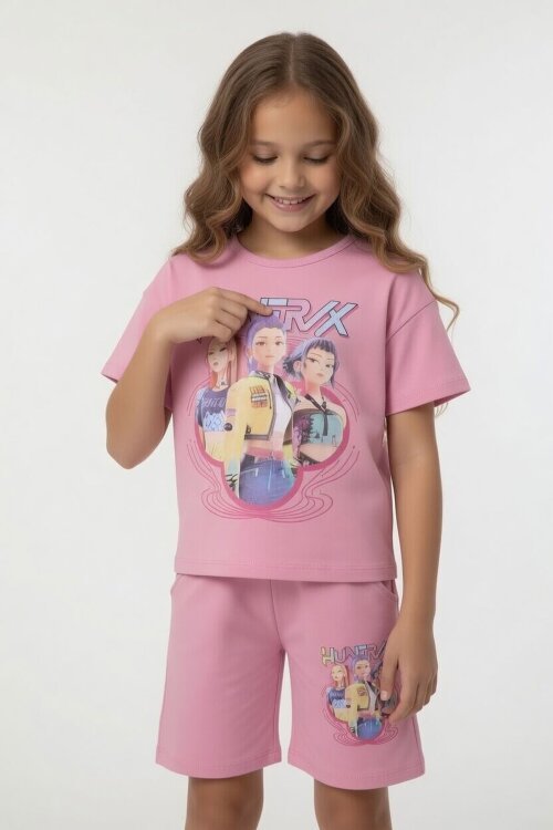 Açık pembe Girls Baskılı Kız Çocuk Şortlu Tişörtlü 2li Takım  23908