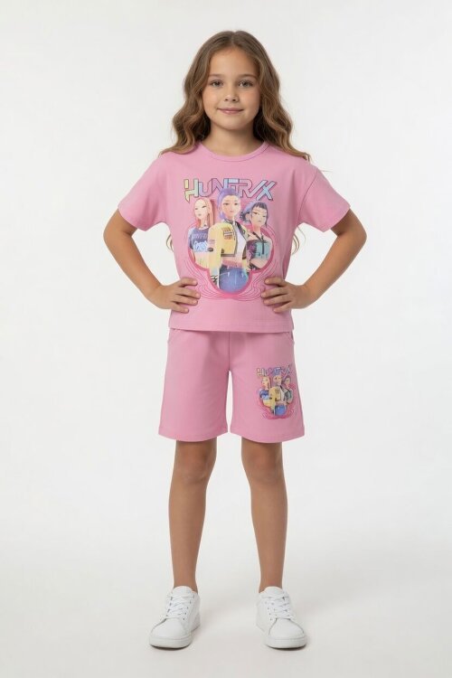 Açık pembe Girls Baskılı Kız Çocuk Şortlu Tişörtlü 2li Takım  23908