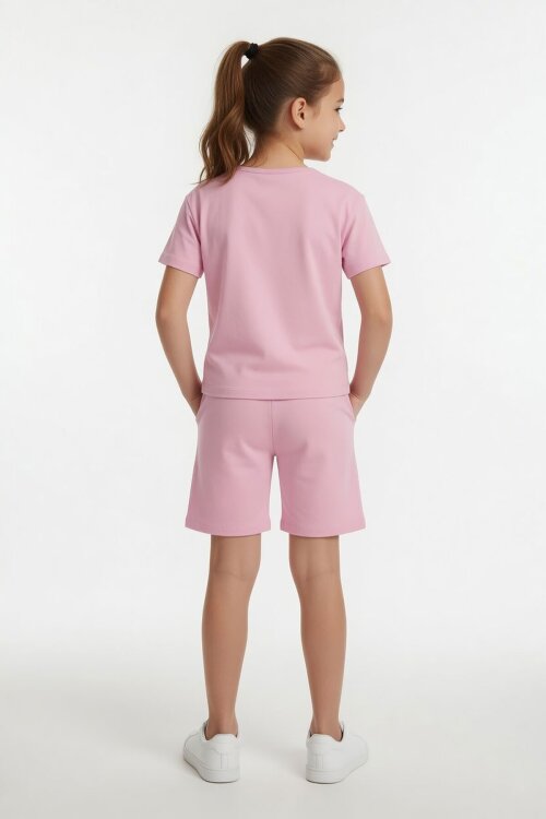 Açık Pembe Simli Karakter Baskılı Tişörtlü Kız Çocuk Şortlu 2li Takım 23920