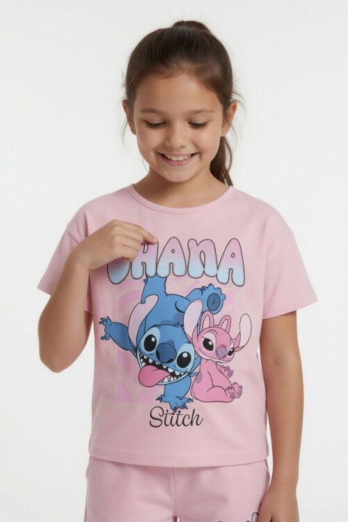 Açık Pembe Simli Karakter Baskılı Tişörtlü Kız Çocuk Şortlu 2li Takım 23920