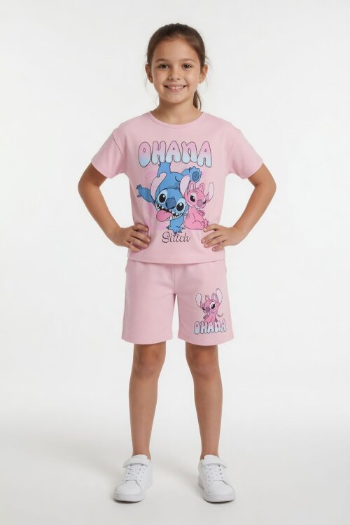 Açık Pembe Simli Karakter Baskılı Tişörtlü Kız Çocuk Şortlu 2li Takım 23920