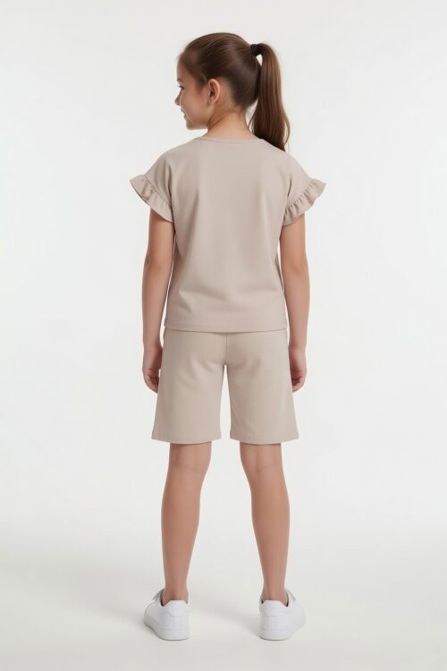 Bej Çizgili Karakter Baskılı Fırfırlı Kız Çocuk Şortlu 2li Takım  23956