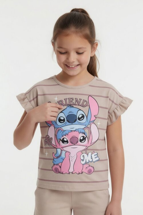 Bej Çizgili Karakter Baskılı Fırfırlı Kız Çocuk Şortlu 2li Takım  23956