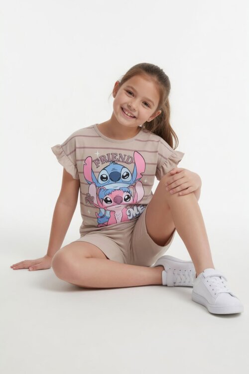 Bej Çizgili Karakter Baskılı Fırfırlı Kız Çocuk Şortlu 2li Takım  23956